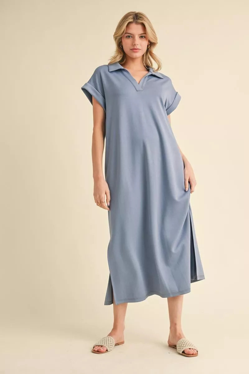 Denim blue Solid midi dress with open collared neck, side pockets