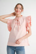 Peach Cotton Poplin top with frilled bow blouse