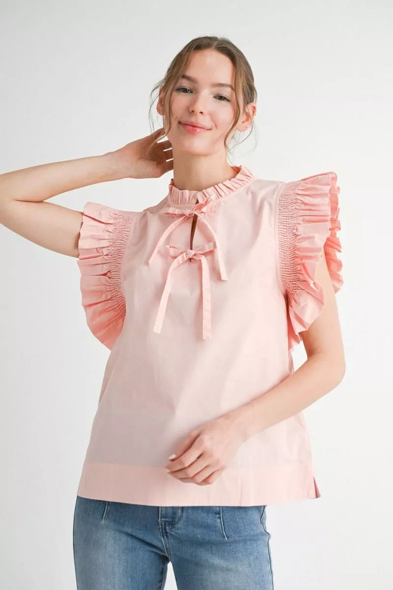 Peach Cotton Poplin top with frilled bow blouse