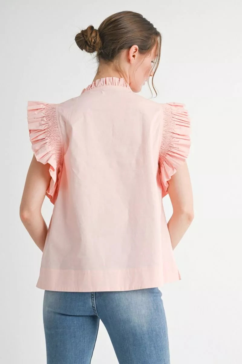 Peach Cotton Poplin top with frilled bow blouse