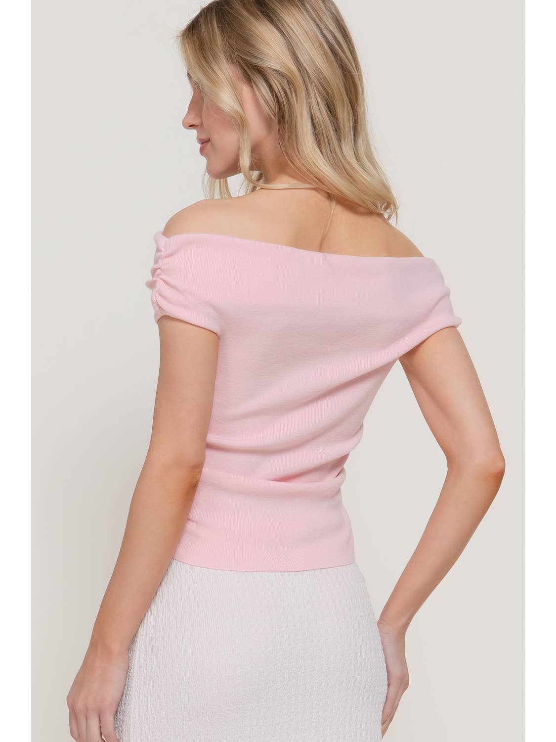 Pink Blush Off the Shoulder Side Ruched Sweater Top