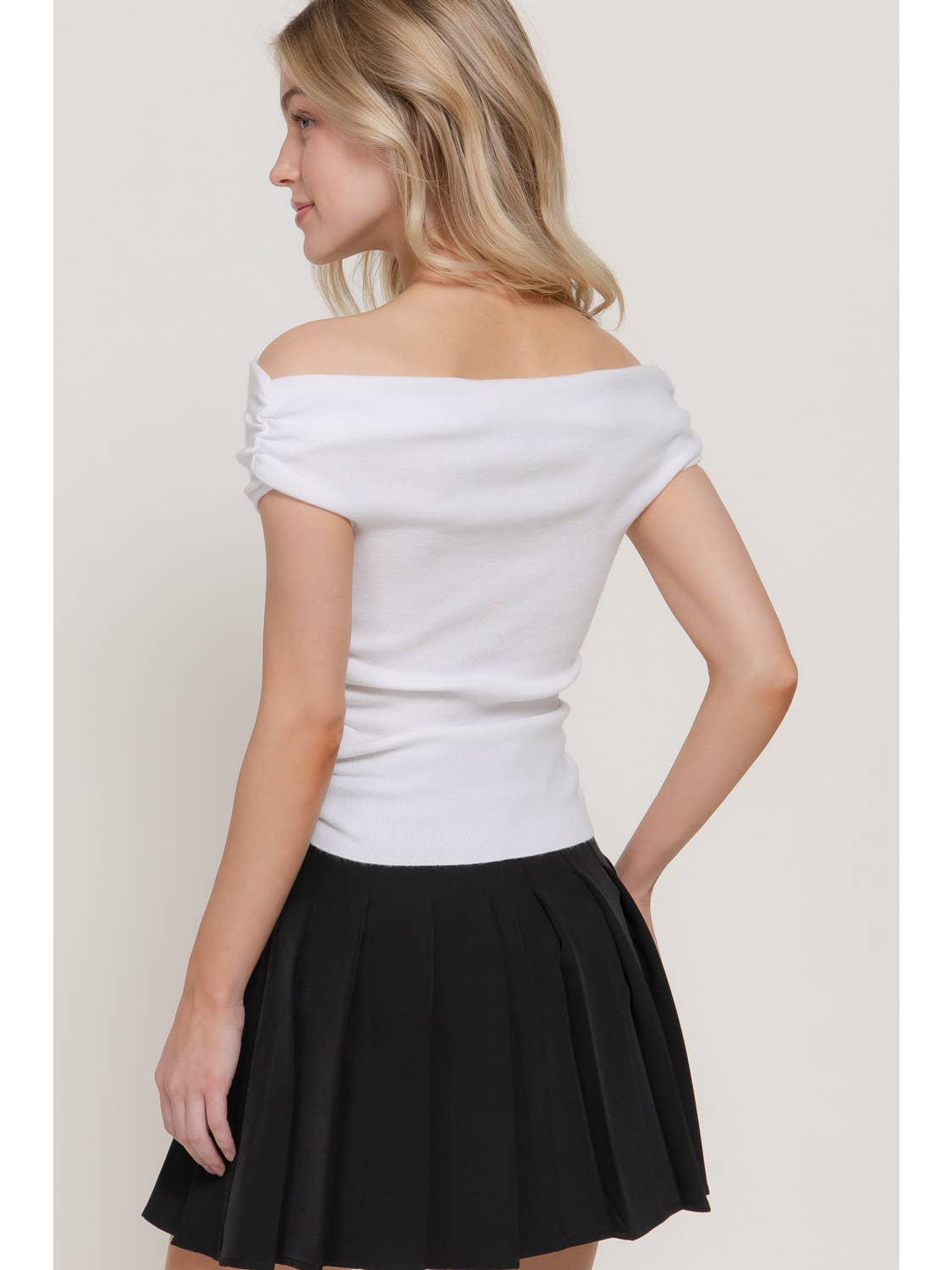 White Off the Shoulder Side Ruched Sweater Top