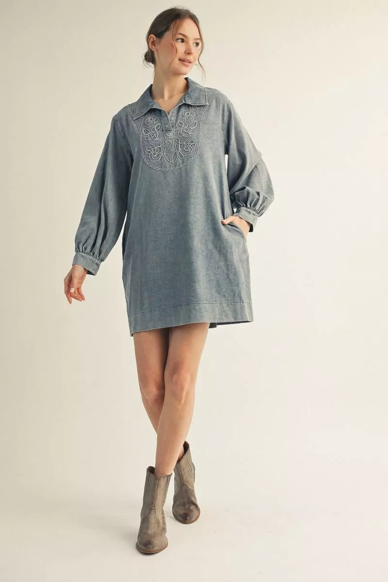 Long sleeves washed denim dress with embroidery accent