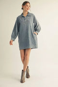 Long sleeves washed denim dress with embroidery accent