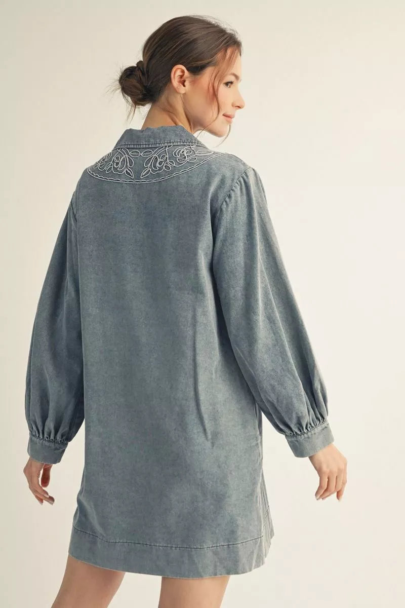 Long sleeves washed denim dress with embroidery accent