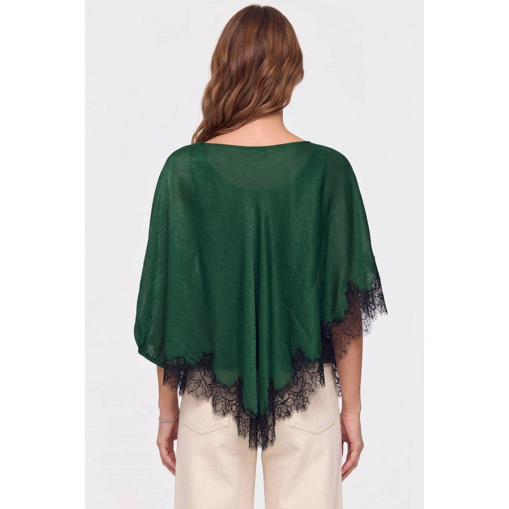 Hunter Green Asymmetrical Lace Trim Poncho Top