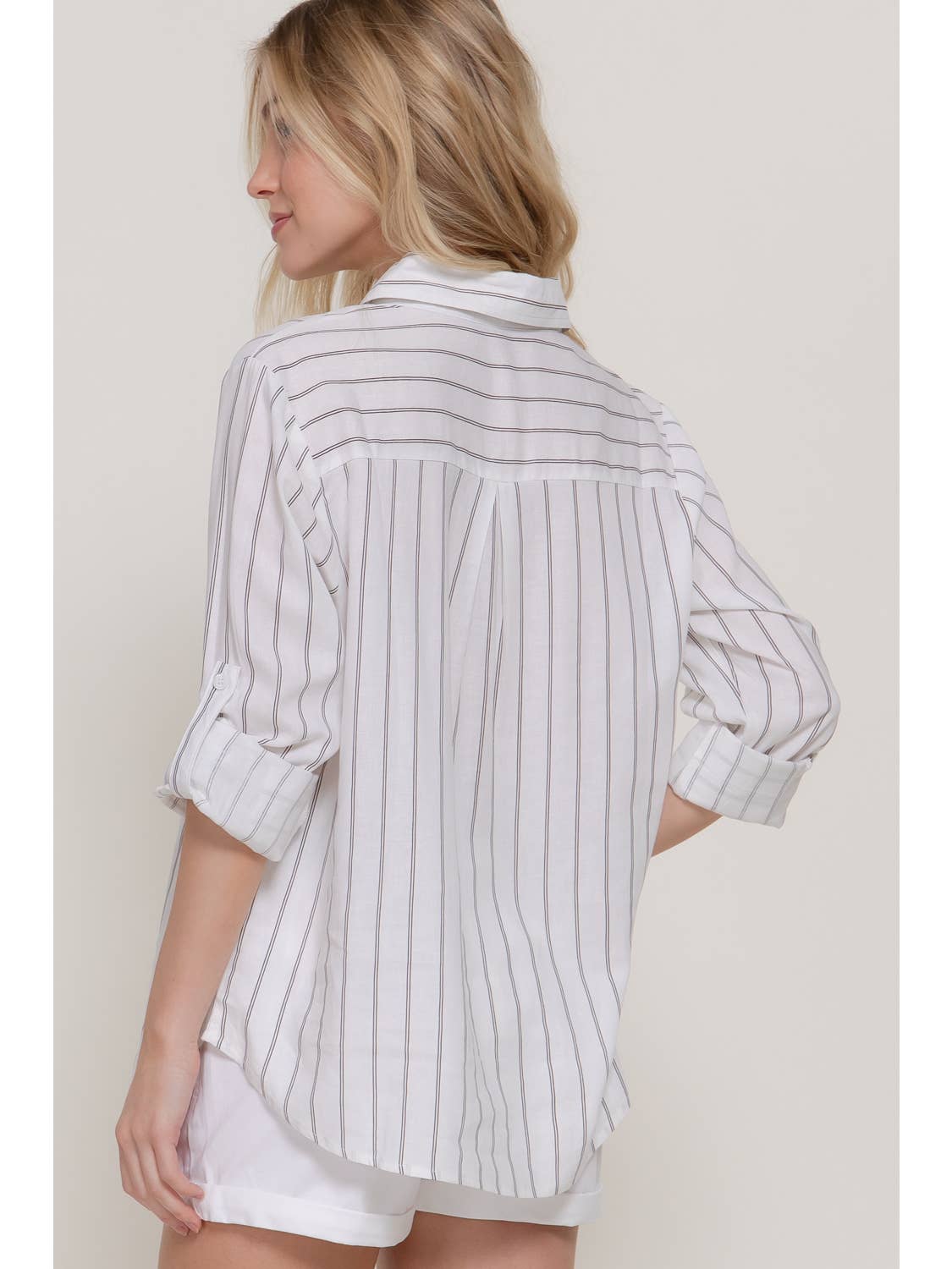 White and Black Long Sleeve Button Down Stripe Linen Oversized Shirt