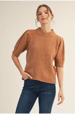 Taupe High Neck Short sleeve Sweater