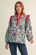 Teal long puff sleeves Boho Floral Blouse