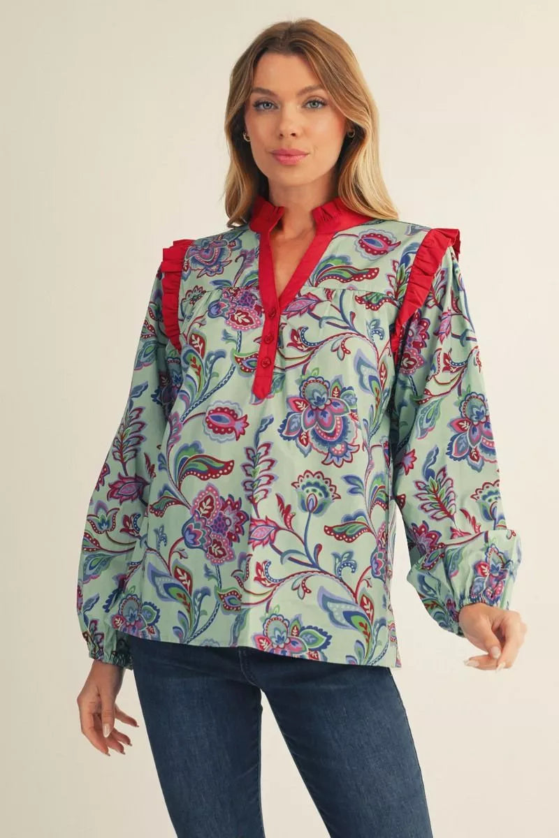Teal long puff sleeves Boho Floral Blouse