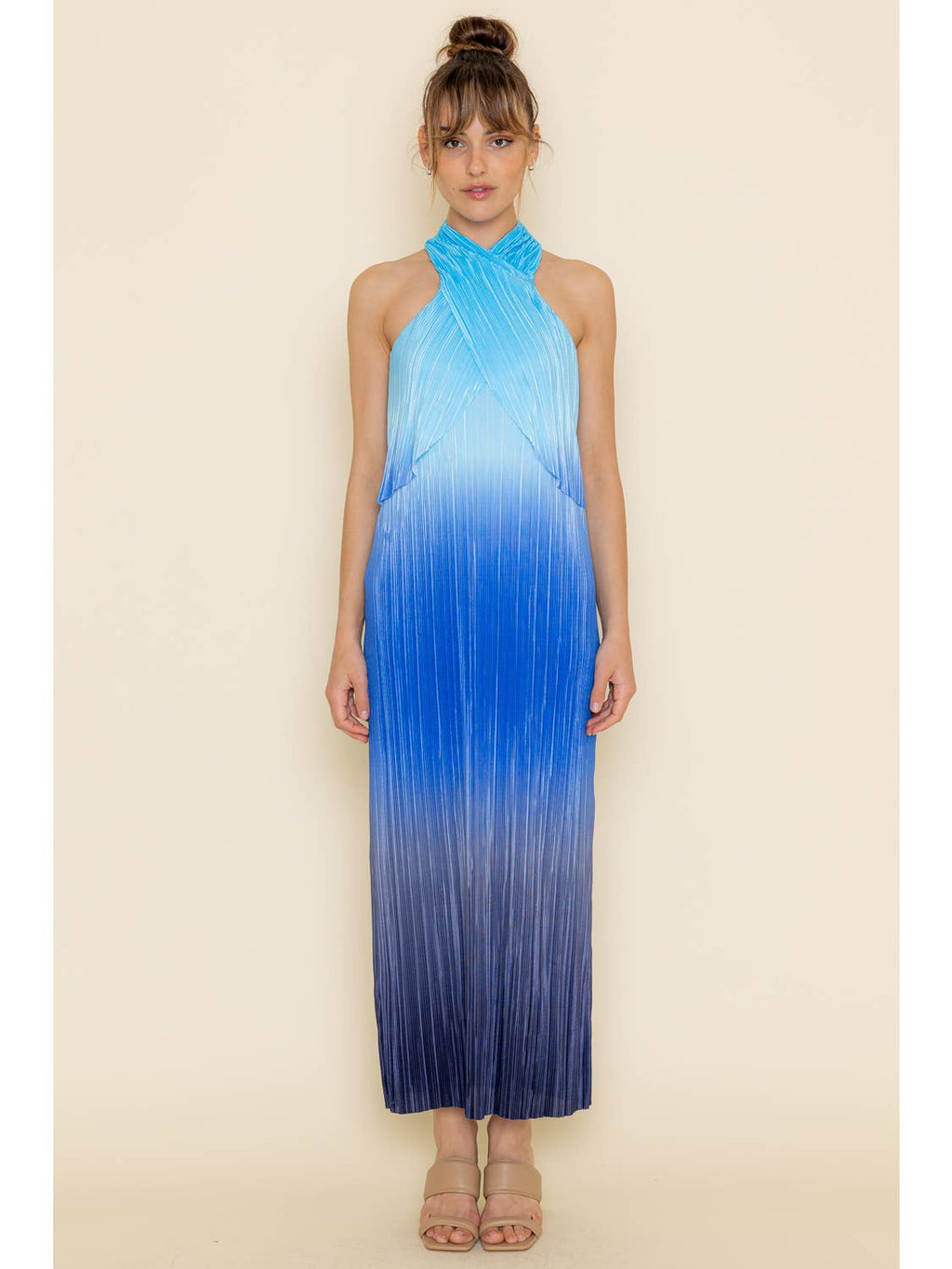 Dressy Loose Fit Pleated Plisse Blue Ombre Maxi