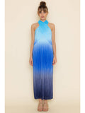 Dressy Loose Fit Pleated Plisse Blue Ombre Maxi