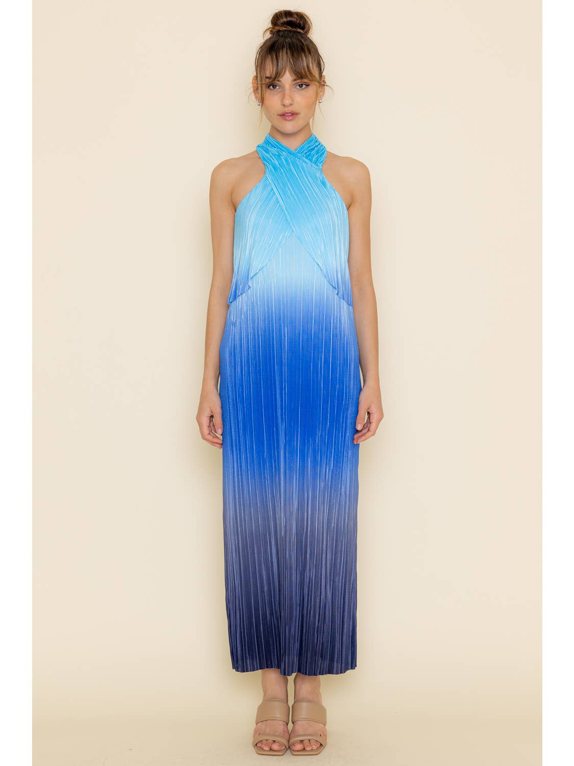 Dressy Loose Fit Pleated Plisse Blue Ombre Maxi