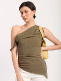 Olive Asymmetrical Striped One Shoulder Top