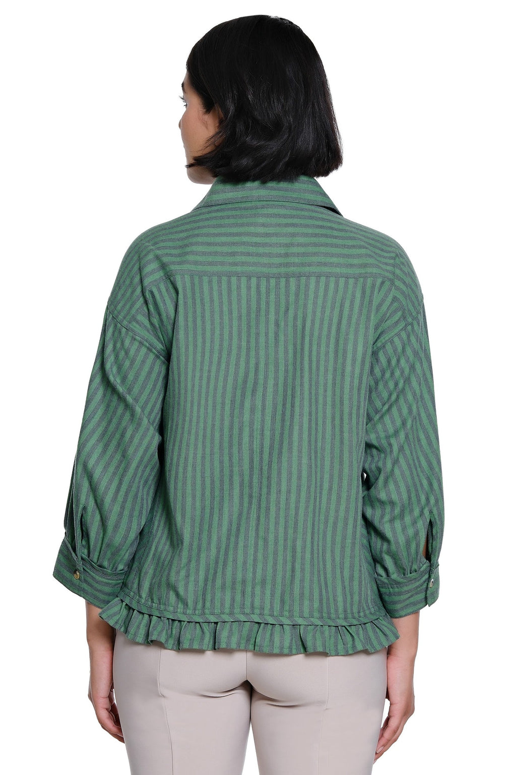 WOVEN BUTTON FRONT TOP WITH 3/4 SLEEVES AND CURVED RUFFLE HEM  - HERB STRIPE