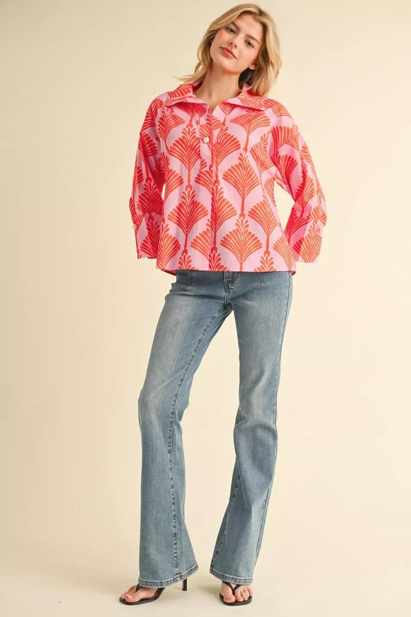 Orange and Pink Shell Print top w/ Pearl button