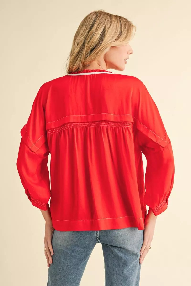 Red Satin Pesant 3/4 Blouse