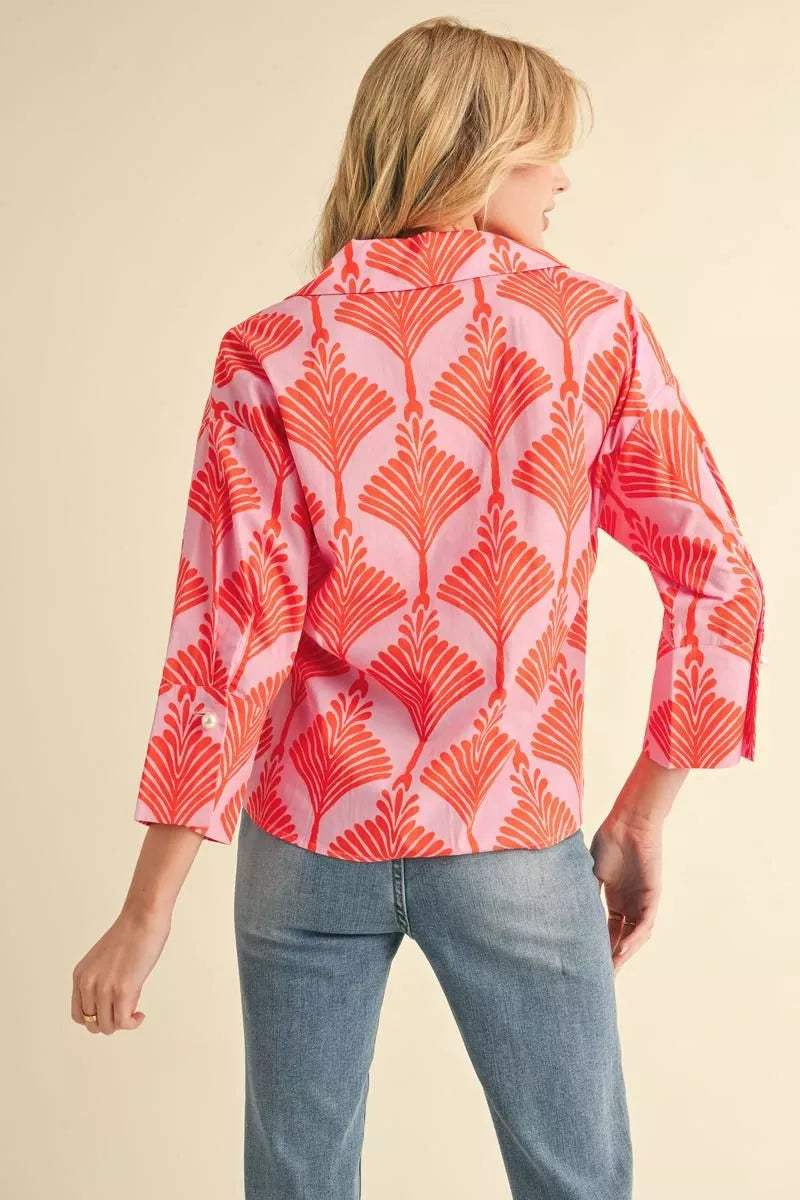 Orange and Pink Shell Print top w/ Pearl button