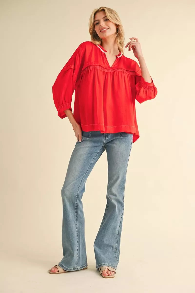 Red Satin Pesant 3/4 Blouse