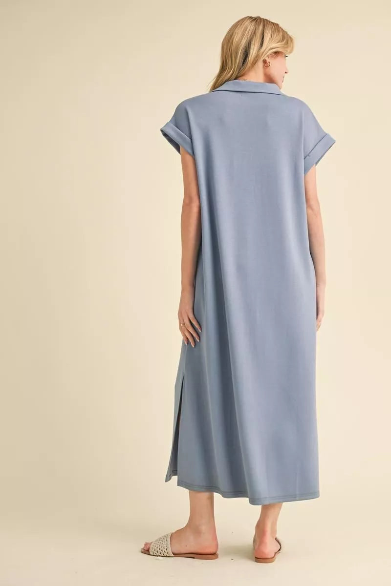 Denim blue Solid midi dress with open collared neck, side pockets