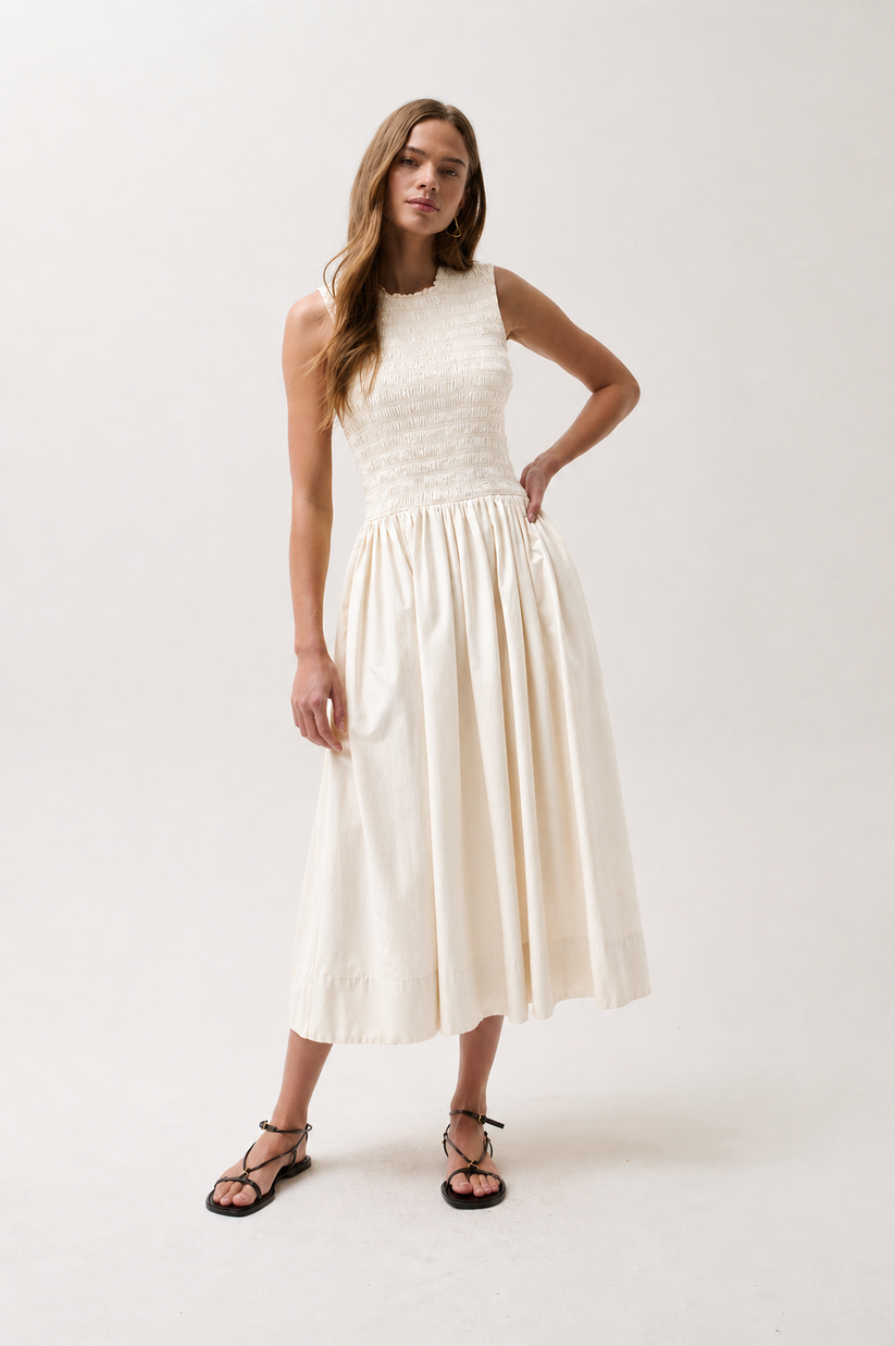 GLADYS SMOCKED BODICE DRESS OYSTER SHELL
