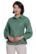 WOVEN BUTTON FRONT TOP WITH 3/4 SLEEVES AND CURVED RUFFLE HEM  - HERB STRIPE