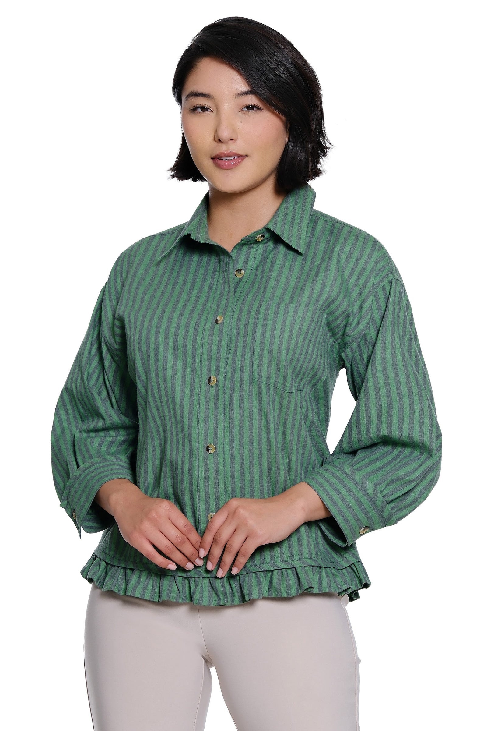 WOVEN BUTTON FRONT TOP WITH 3/4 SLEEVES AND CURVED RUFFLE HEM  - HERB STRIPE