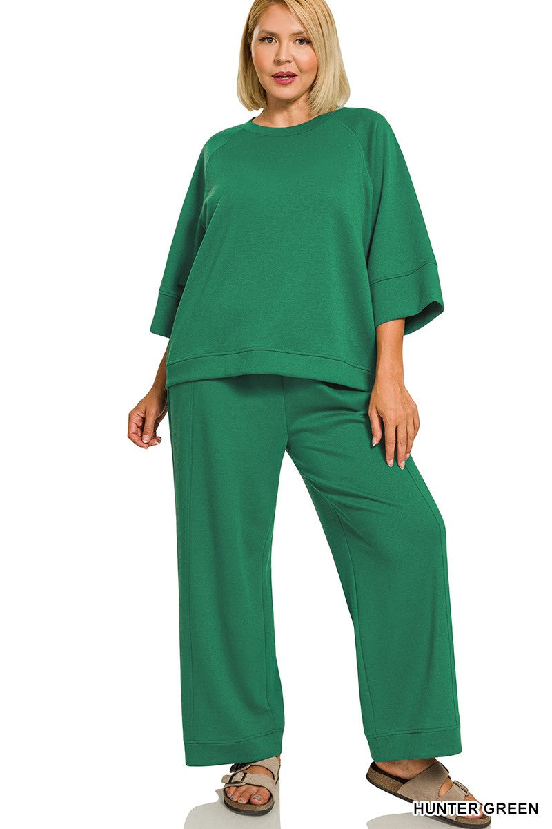 Curvy Scuba 3/4 Sleeve Pullover & Pants Set Hunter Green