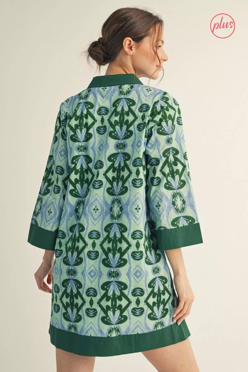 Green 3/4 sleeves boho floral dress with side pockets