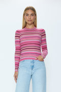 MADISON LONG SLEEVE CREW NECK SWEATER - PINK BROWN MULTI STRIPE
