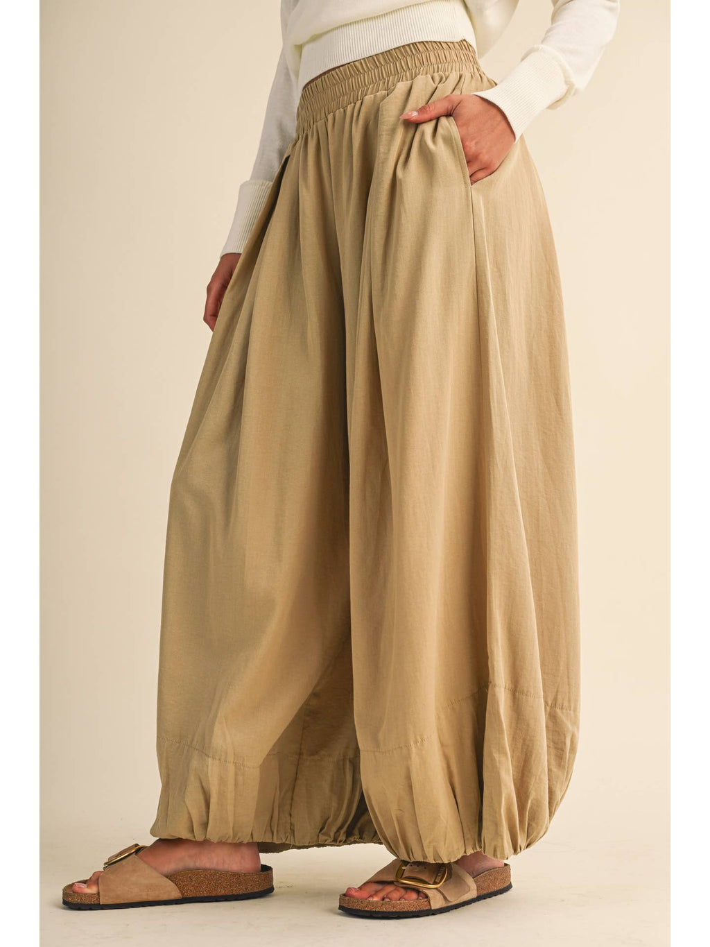 Khaki Balloon Fit Elastic Waist Relaxed Fit Pants
