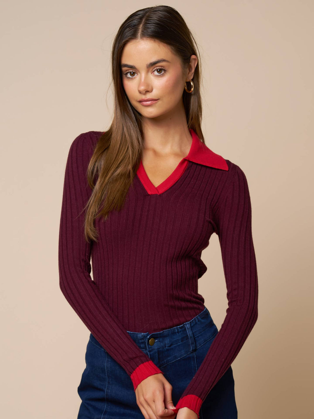 Red Wine Contrast Collar Ribbed Knit Sweater