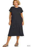 Black Round Neck Short Sleeve Midi Dress