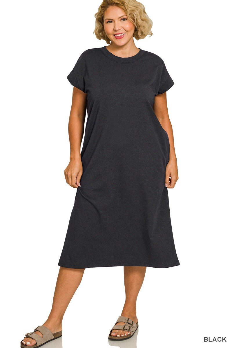 Black Round Neck Short Sleeve Midi Dress