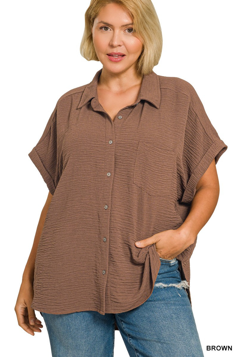 Curvy Woven Airflow Button Down Shirts Chocolate