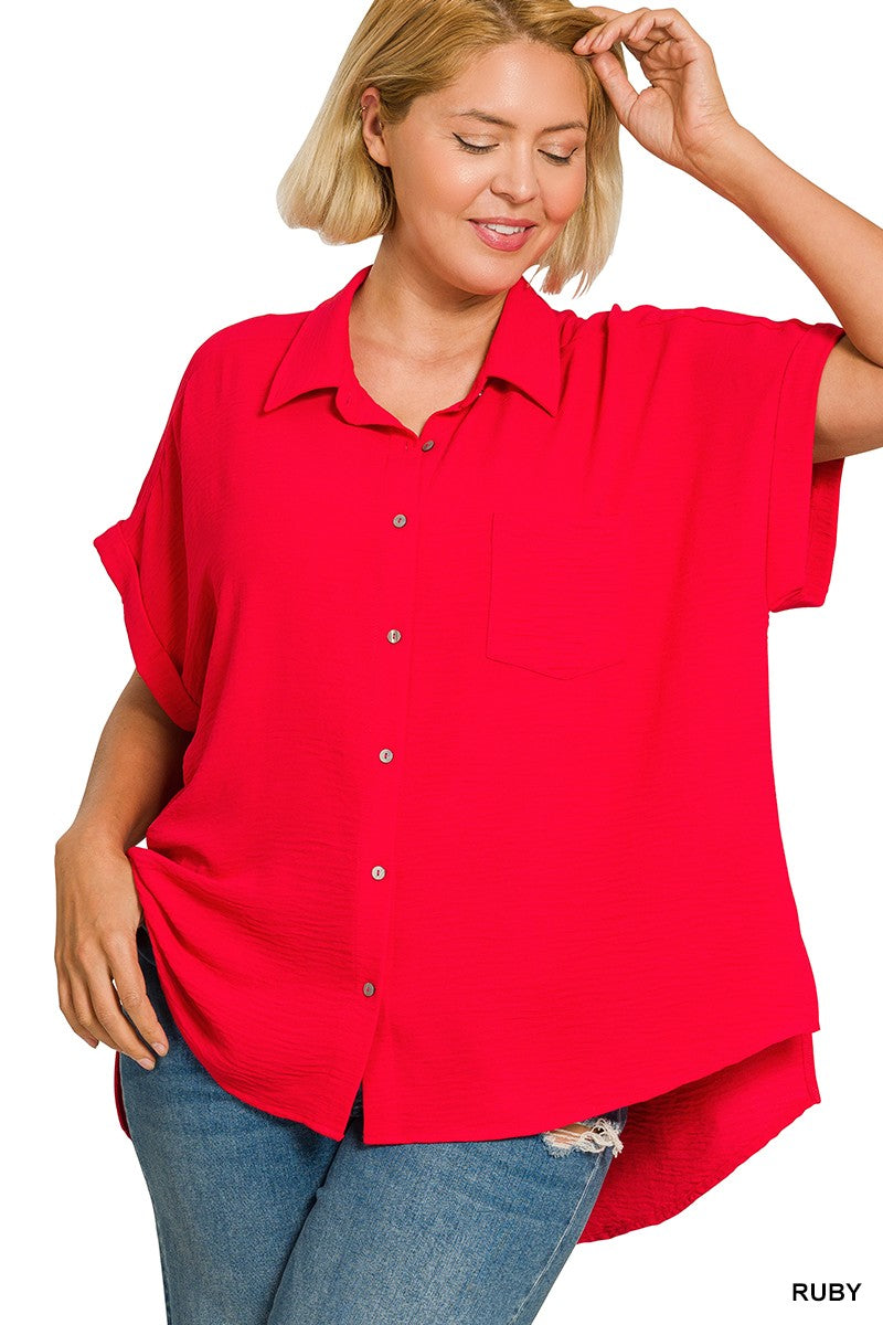 Curvy Woven Airflow Button Down Shirts Ruby