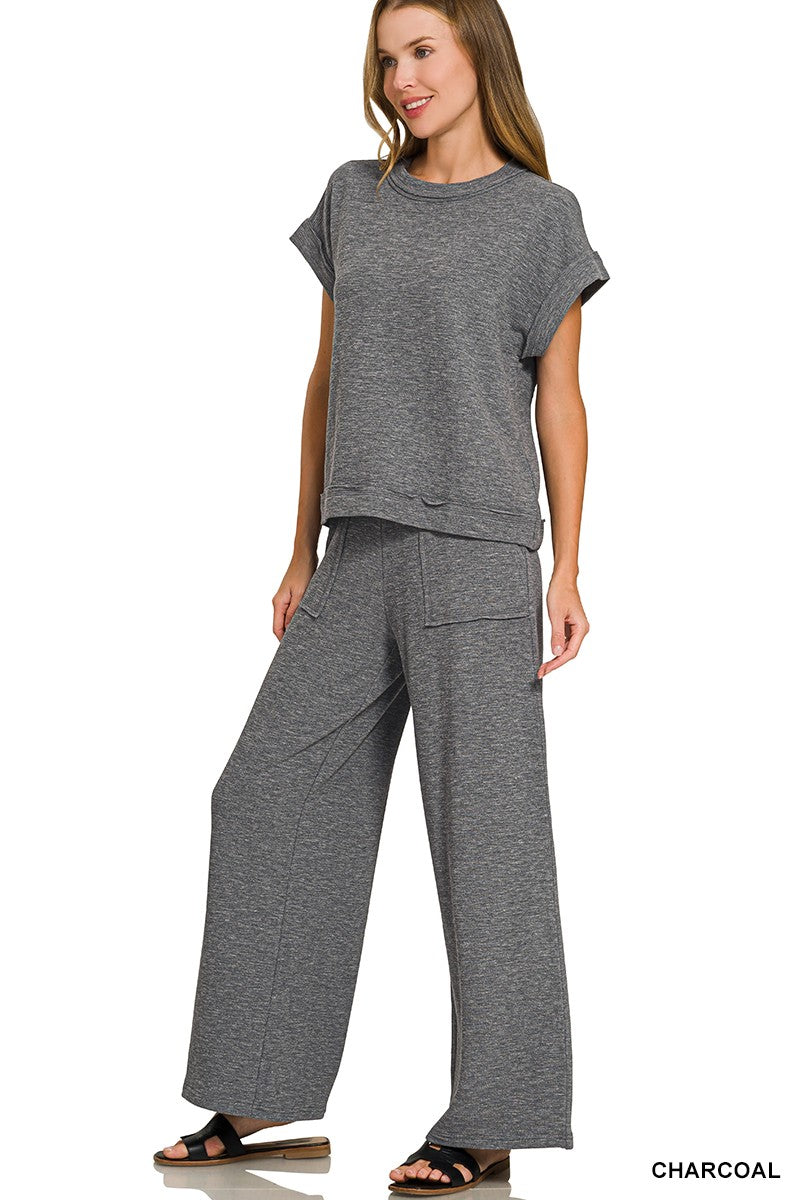 Cotton Slub Short Sleeve Tee & Long Pants Set Charcoal Grey