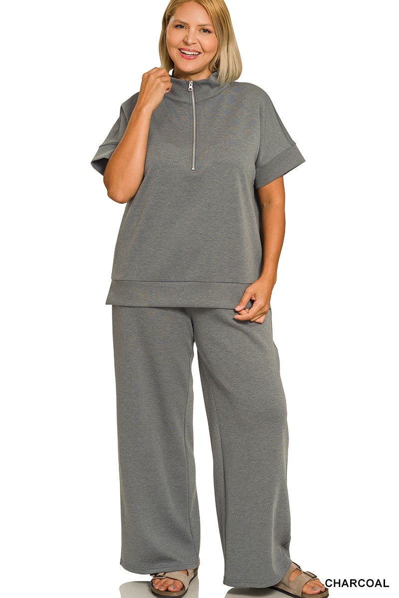 Curvy Scuba High Neck Half Zip Top & Pants Set - Charcoal