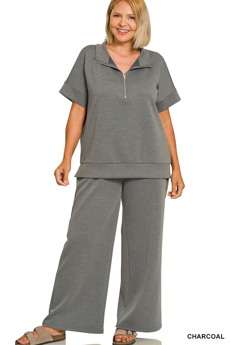 Curvy Scuba High Neck Half Zip Top & Pants Set - Charcoal