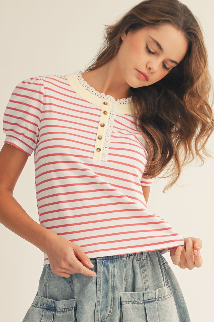 Lacey Trim Henley Stripe Top