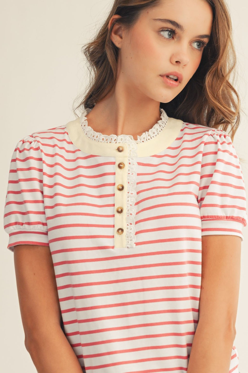Lacey Trim Henley Stripe Top