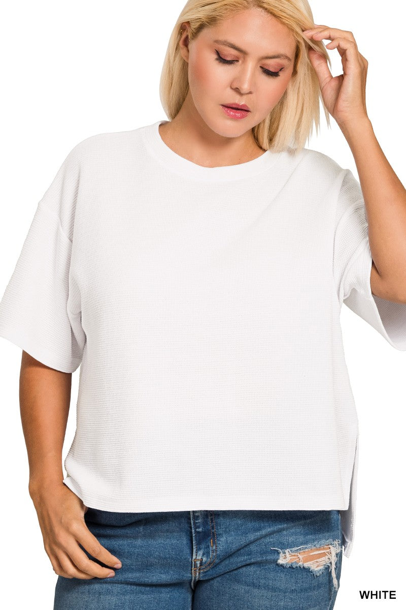 White Double Knit Side Slits Hi Low Top