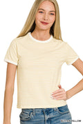 Striped Contrast Trim Rib Banded Tee Butter Yellow