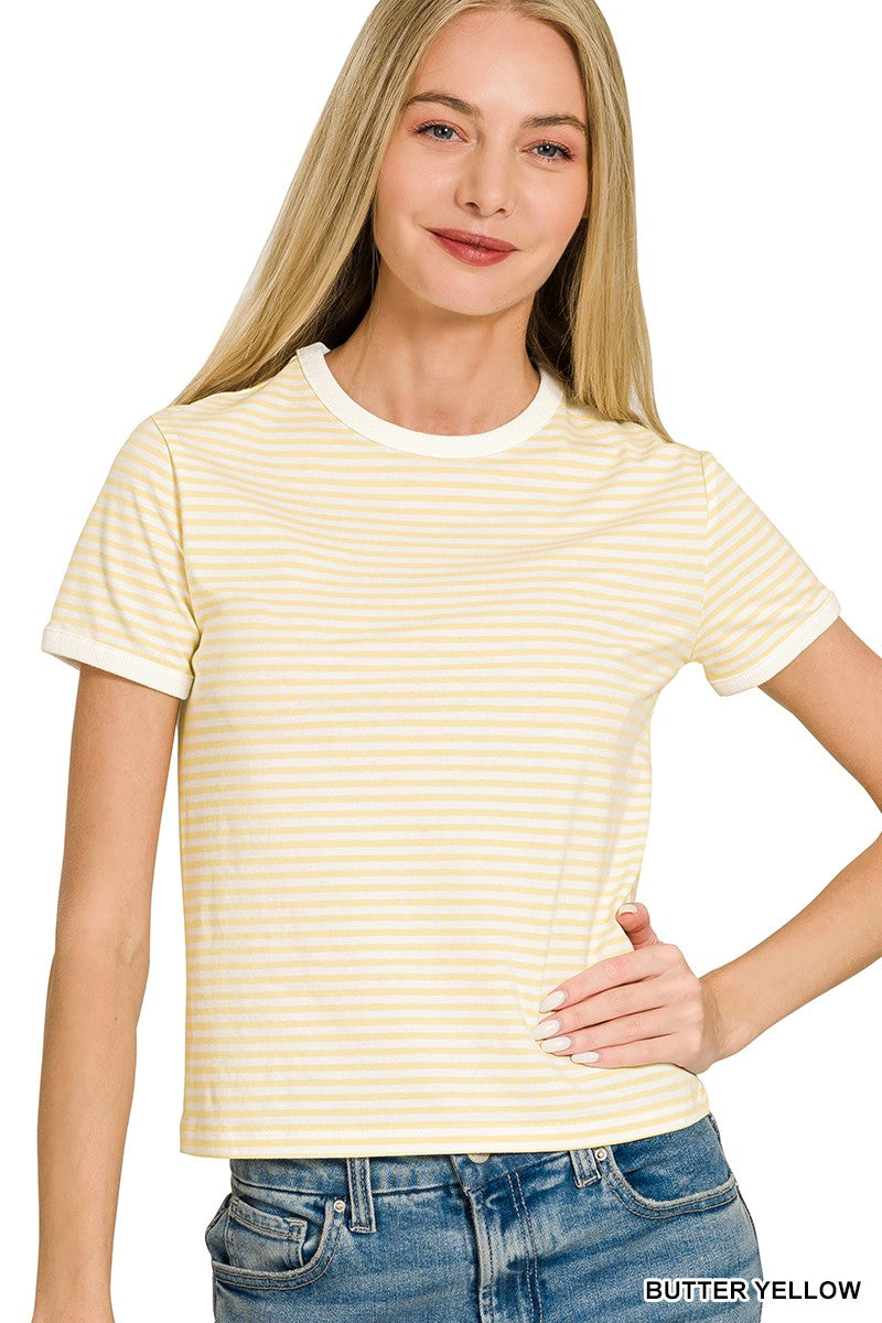 Striped Contrast Trim Rib Banded Tee Butter Yellow