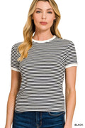 Striped Contrast Trim Rib Banded Tee Striped Contrast Trim Rib Banded Tee Black and White