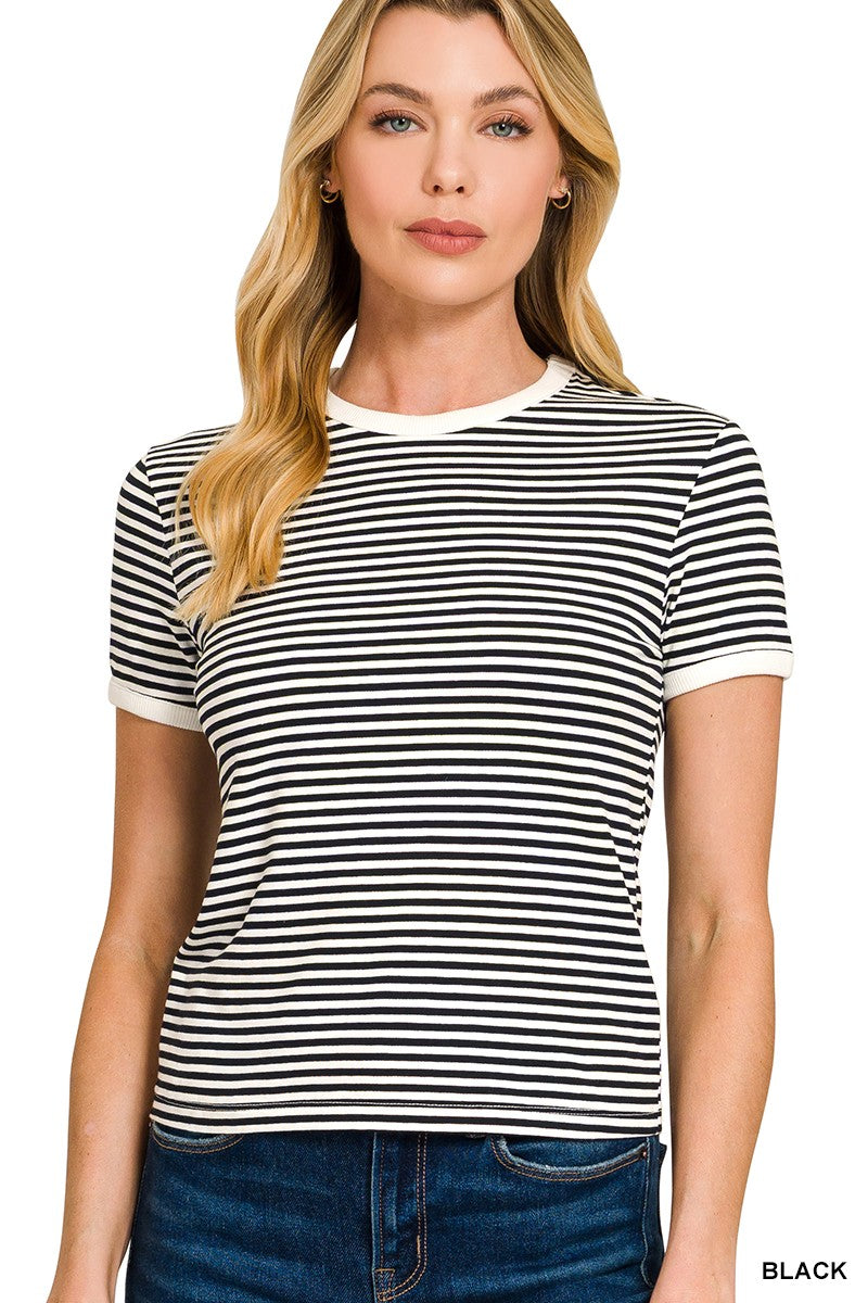 Striped Contrast Trim Rib Banded Tee Striped Contrast Trim Rib Banded Tee Black and White