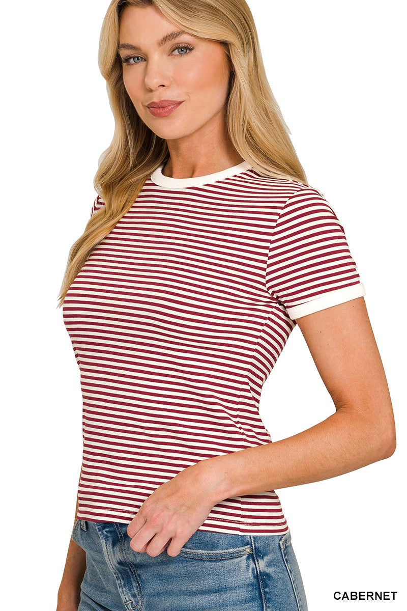 Striped Contrast Trim Rib Banded Tee Striped Contrast Trim Rib Banded Tee Ash Mocha
