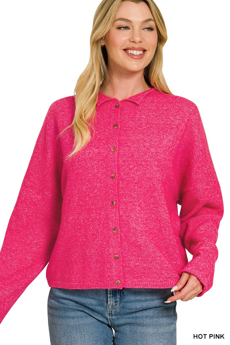 Hot Pink Wool Blend Rolled Edge Button- Down Sweater Cardigan