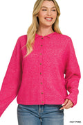 Hot Pink Wool Blend Rolled Edge Button- Down Sweater Cardigan