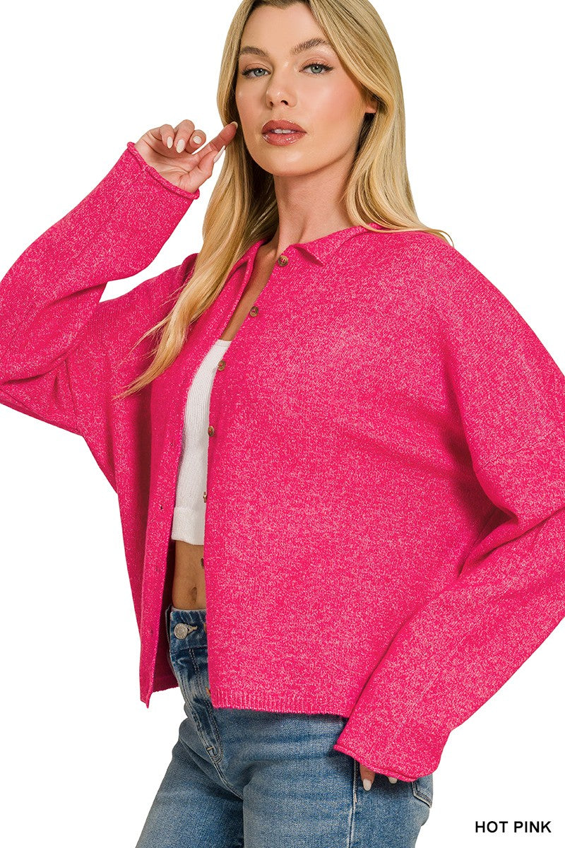 Hot Pink Wool Blend Rolled Edge Button- Down Sweater Cardigan